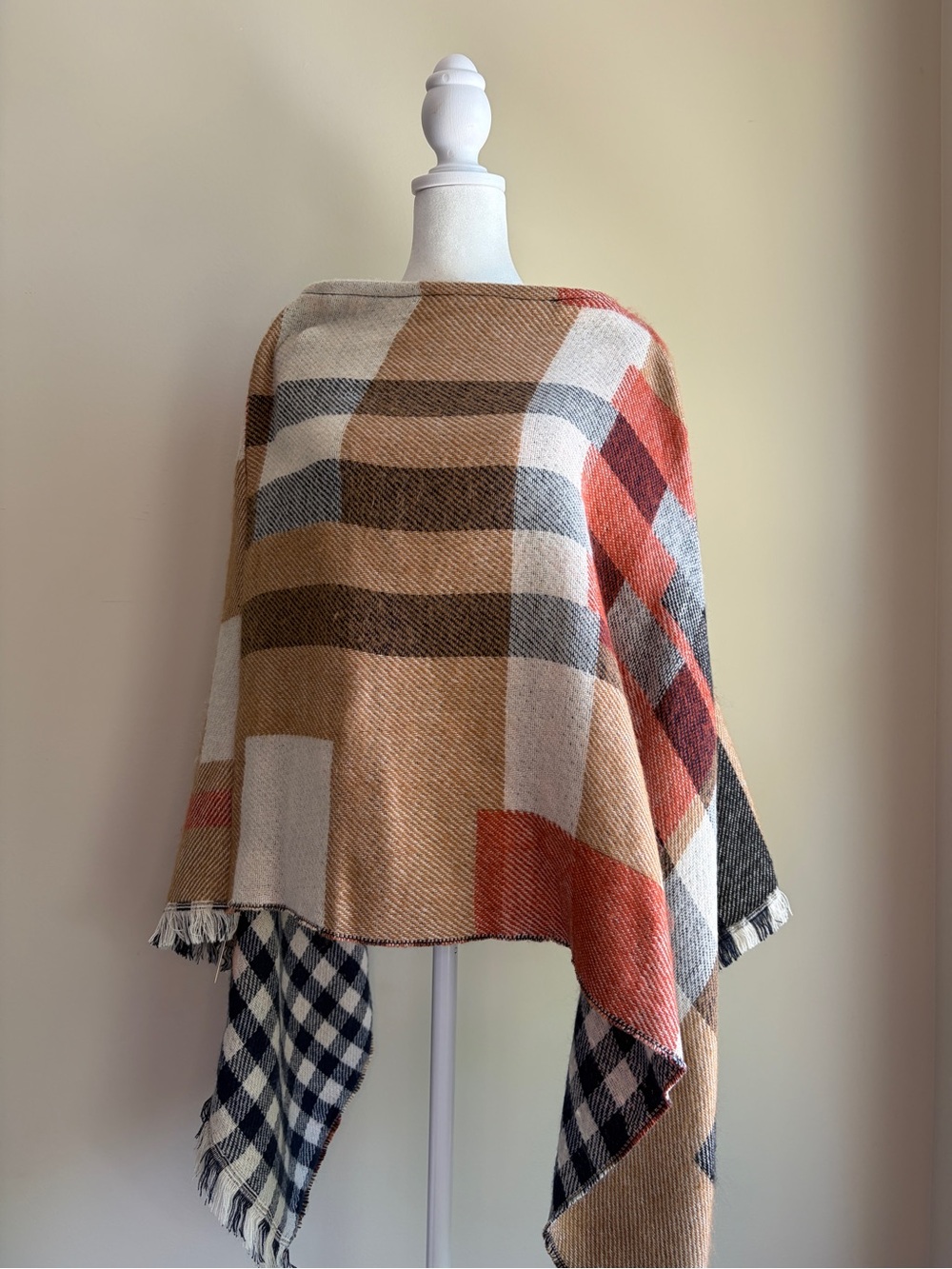 Cozy Plaid Women's Poncho in Tan, Rust & Black
